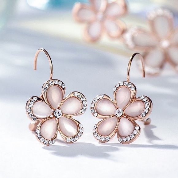 2/$20! Pink Pearlescent Flower Lever Back Earrings - Picture 2 of 8